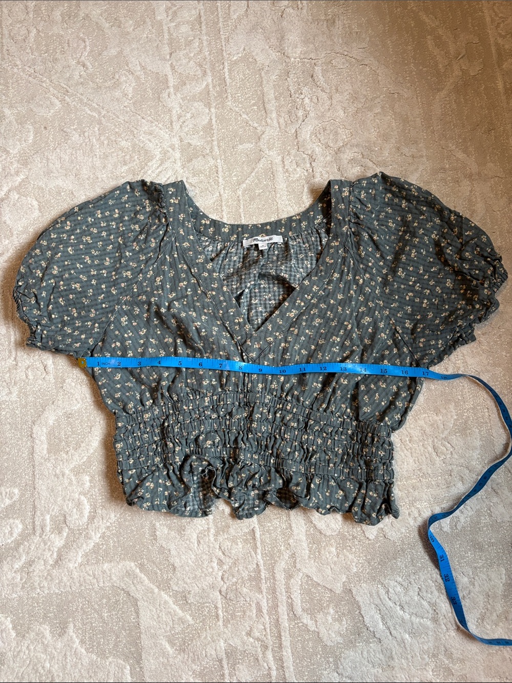 Madewell Size M Muted Green Floral Pattern Smocked Crop Top 100% Cotton